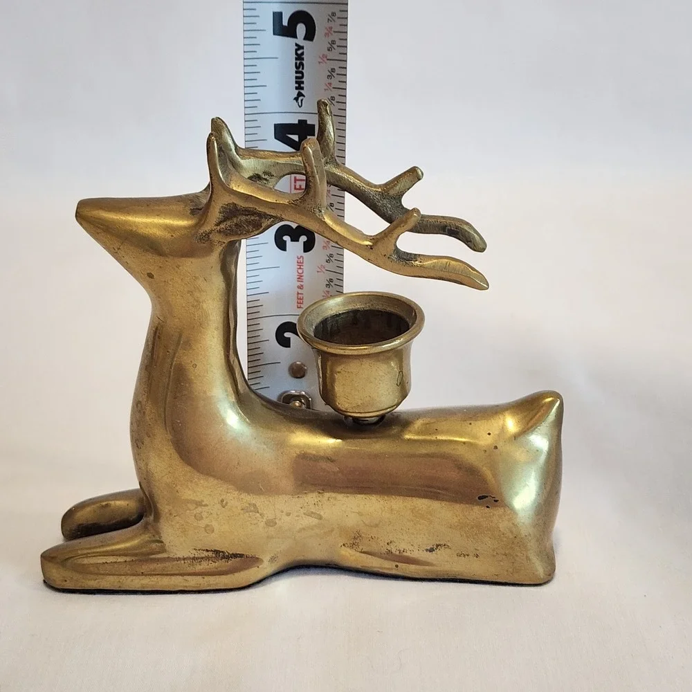 Vintage Solid Brass Reindeer Candle Holder‎ Set Standing and Resting Deer MCM
